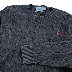 Polo Ralph Lauren Sweater Mens XL Black Cable Knit Fisherman Cotton Red Pony